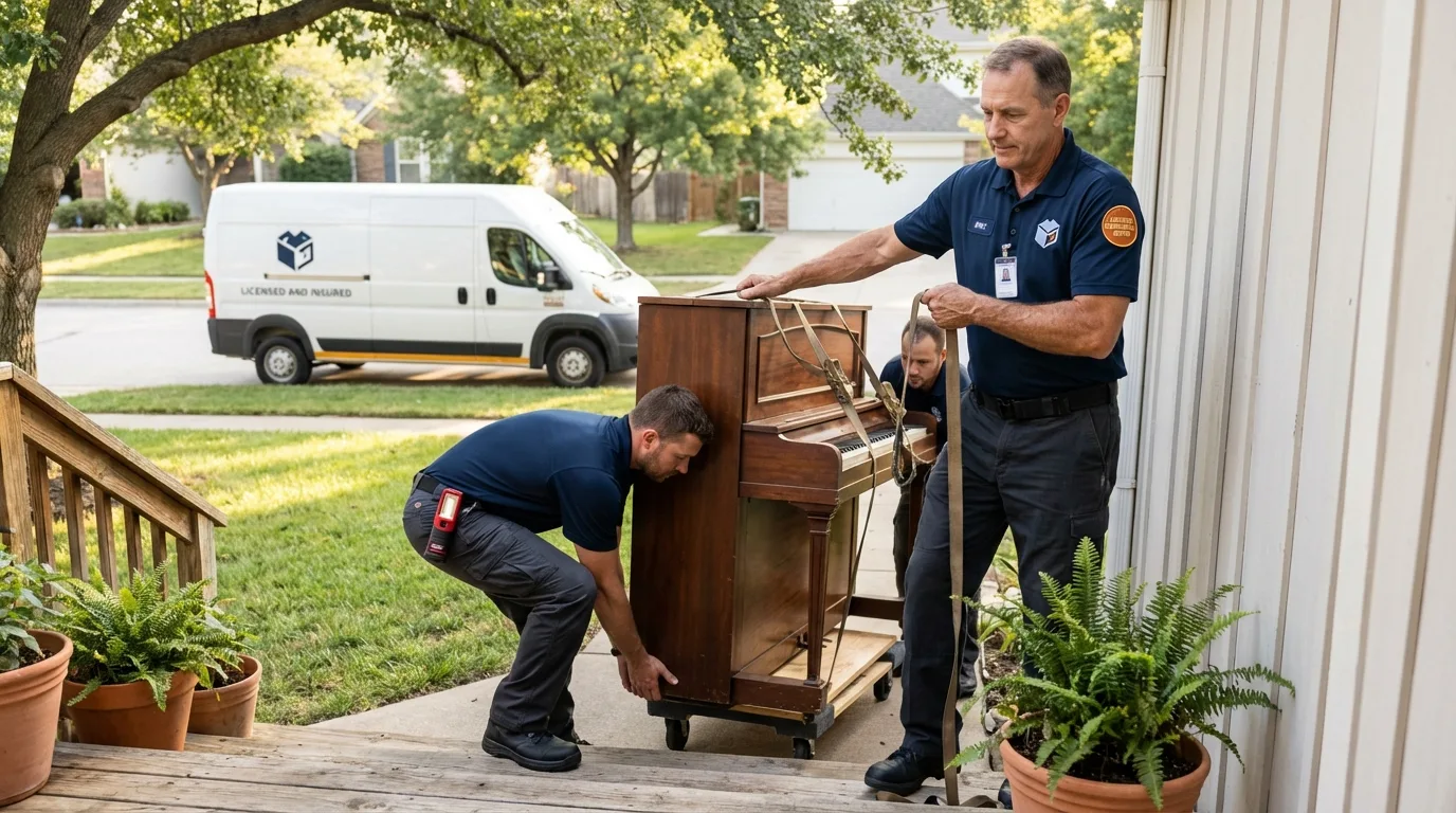 Licensed piano movers securing grand piano in Cotuit, MA