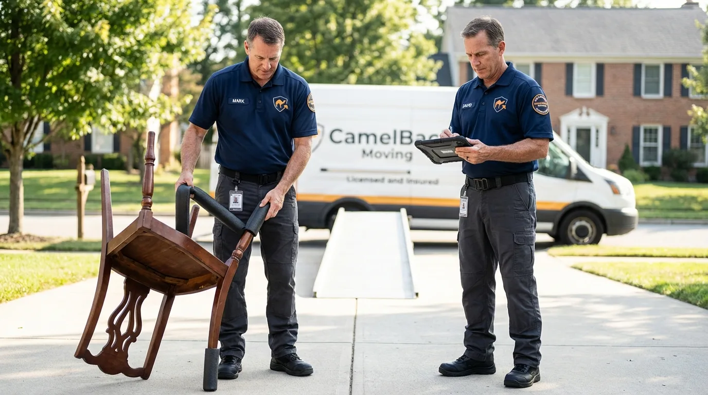 Movers inspecting furniture for damage prevention before loading in Cotuit, MA
