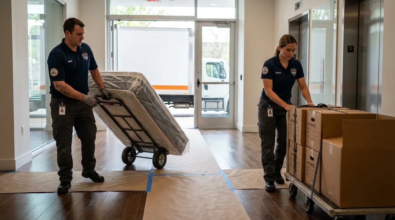 Professional apartment movers loading elevator in Cotuit, MA